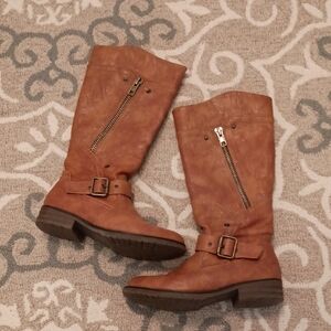 Brown Knee-High Boots with Buckle and Zipper